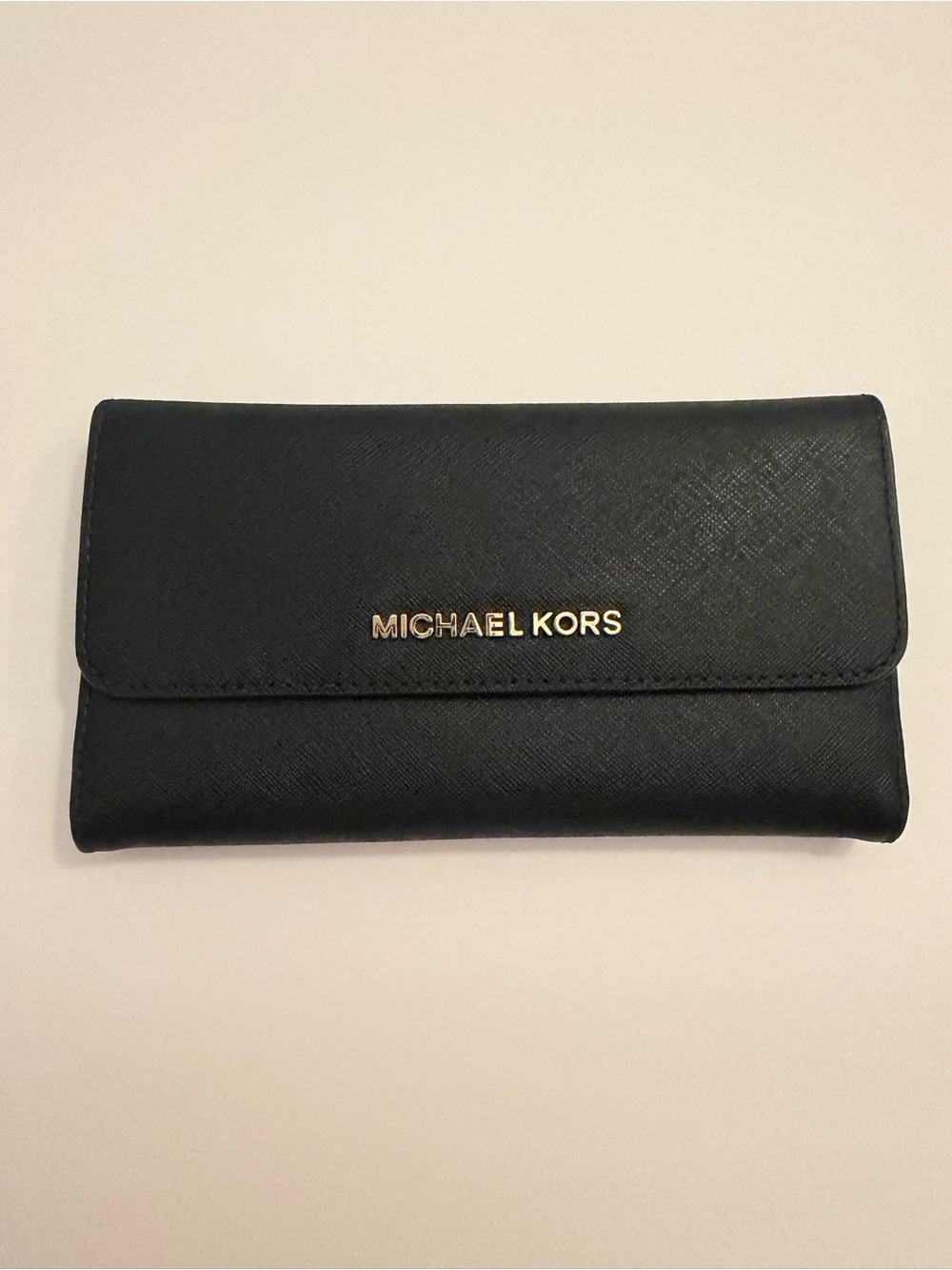 MICHAEL Michael Kors Black Saffiano Trifold Wallet with Gold Logo